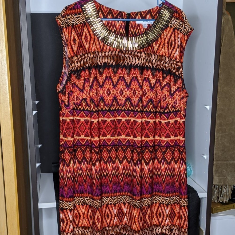 Dress 2X Black Orange Pink Aztec Shift Str…
